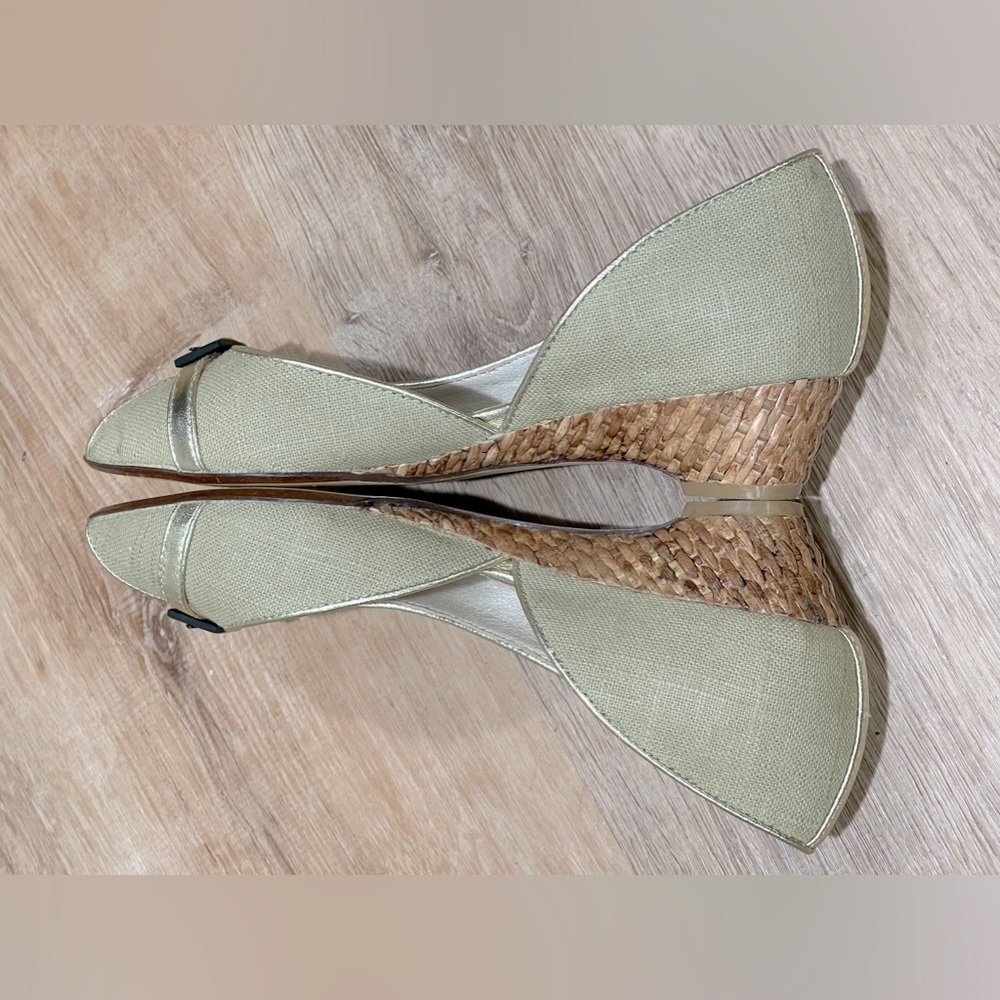 Matisse Estee Khaki Canvas and Gold Leather Open Toe Basket Weave Wedge 7.5 - Picture 6 of 13